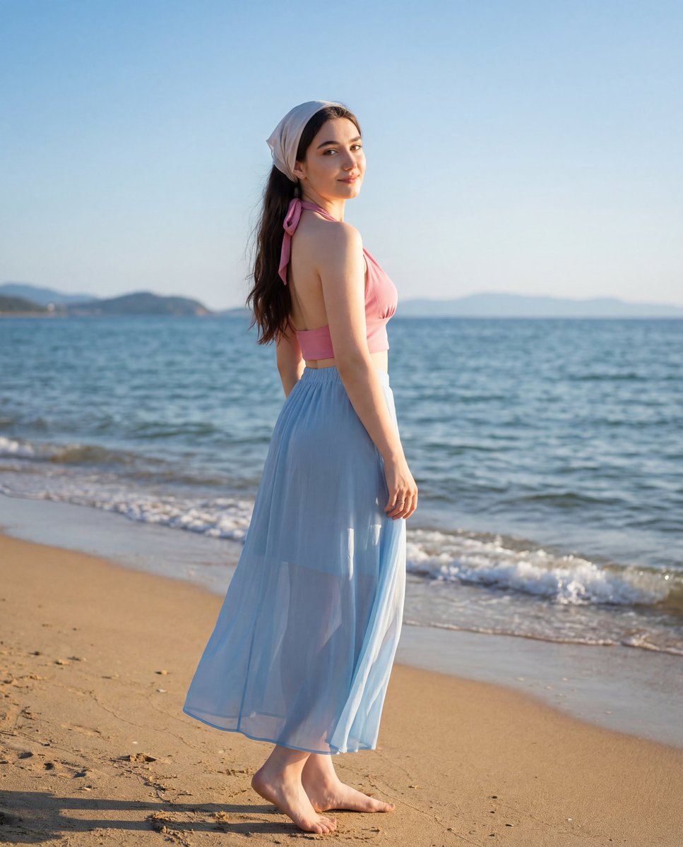 Sun-Kissed Beach Portrait with Identity Lock — output 1