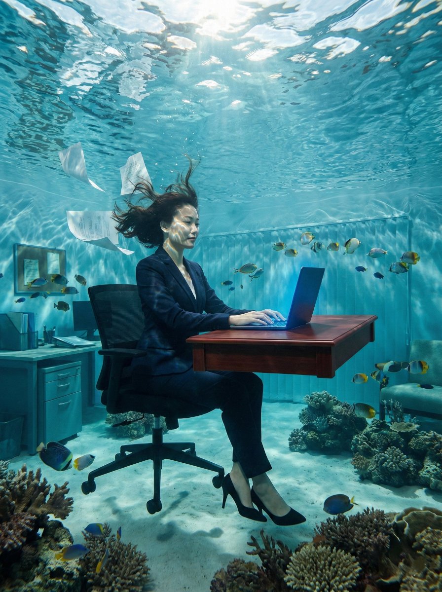 Surreal Underwater Office Scene Prompt — output 1