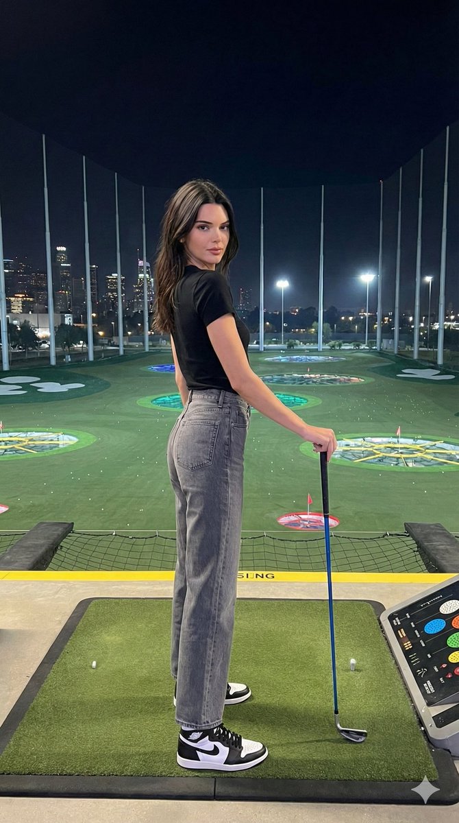 Fashion editorial of Kendall Jenner at a luxury night golf range — output 1