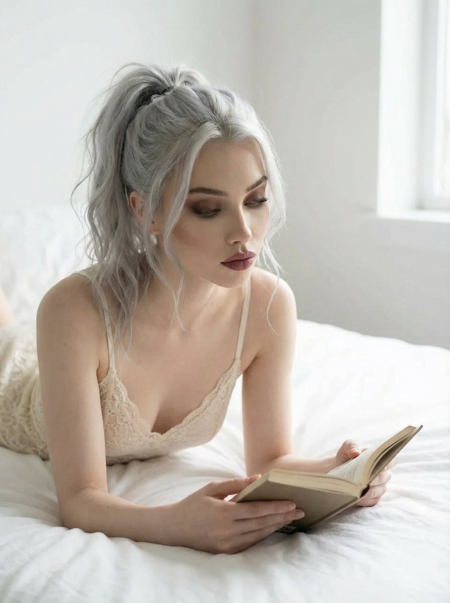 Editorial Portrait of Woman Reading on White Bed — output 1