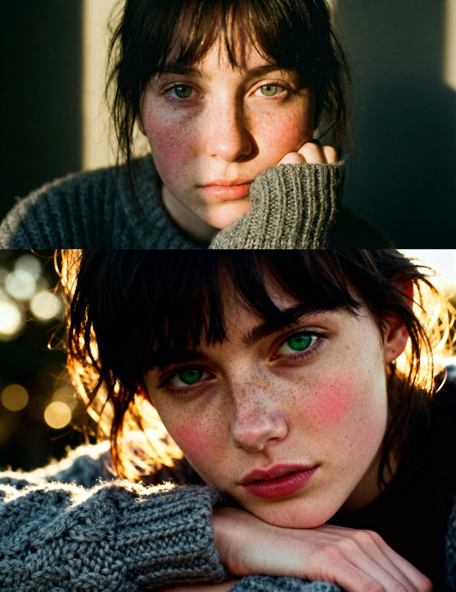 Cinematic close-up portrait with green eyes and knit sweater — output 1