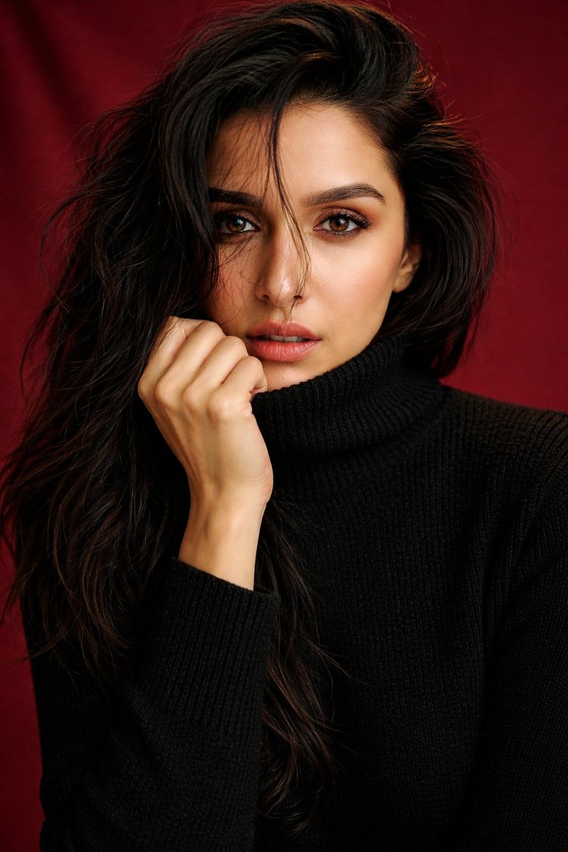 Shraddha Kapoor Black Turtleneck Studio Portrait Prompt — output 1