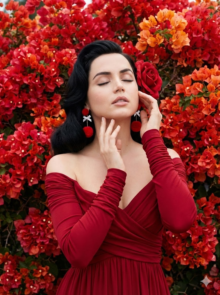 Ultra-HD portrait of Ana de Armas in a crimson gown surrounded by red flowers — output 1