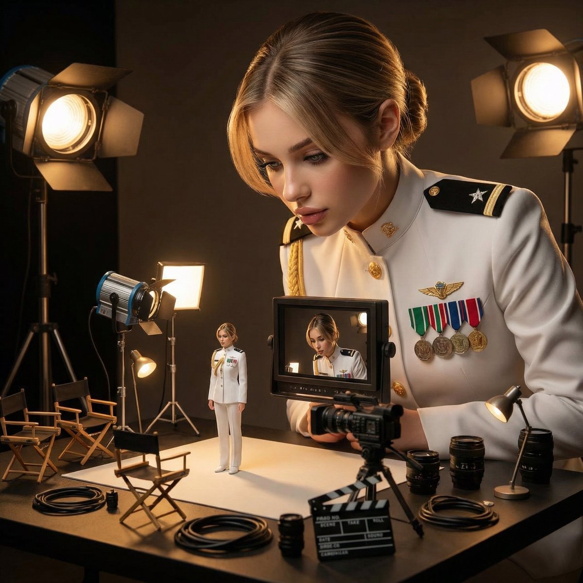 Cinematic Studio Scene of Woman Supervising Miniature Self — output 1