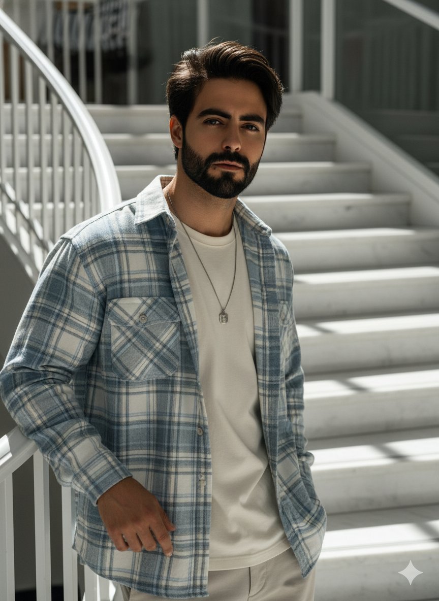 High-angle fashion portrait on marble staircase — output 1