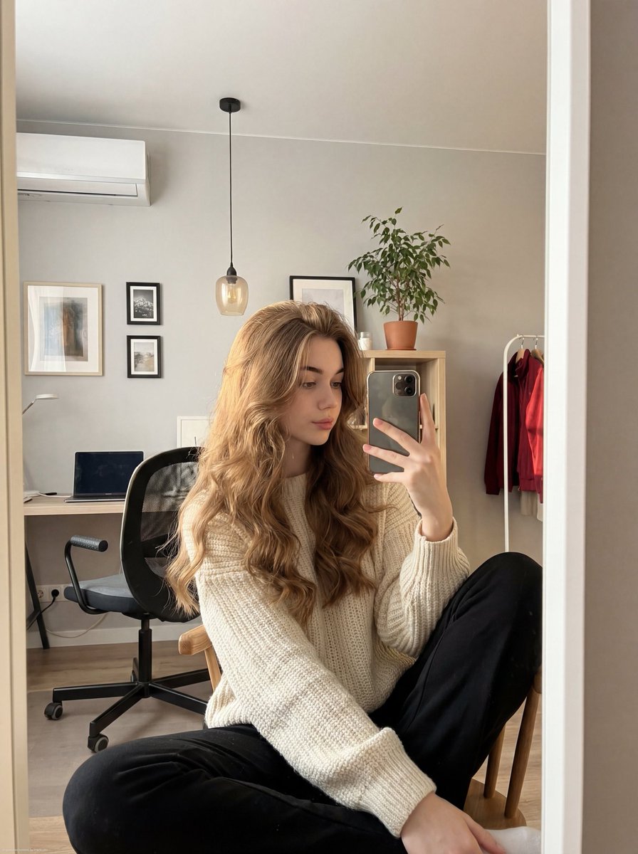 Profile / Avatar - Realistic mirror selfie of a young woman in a cozy cream sweater โ output 1