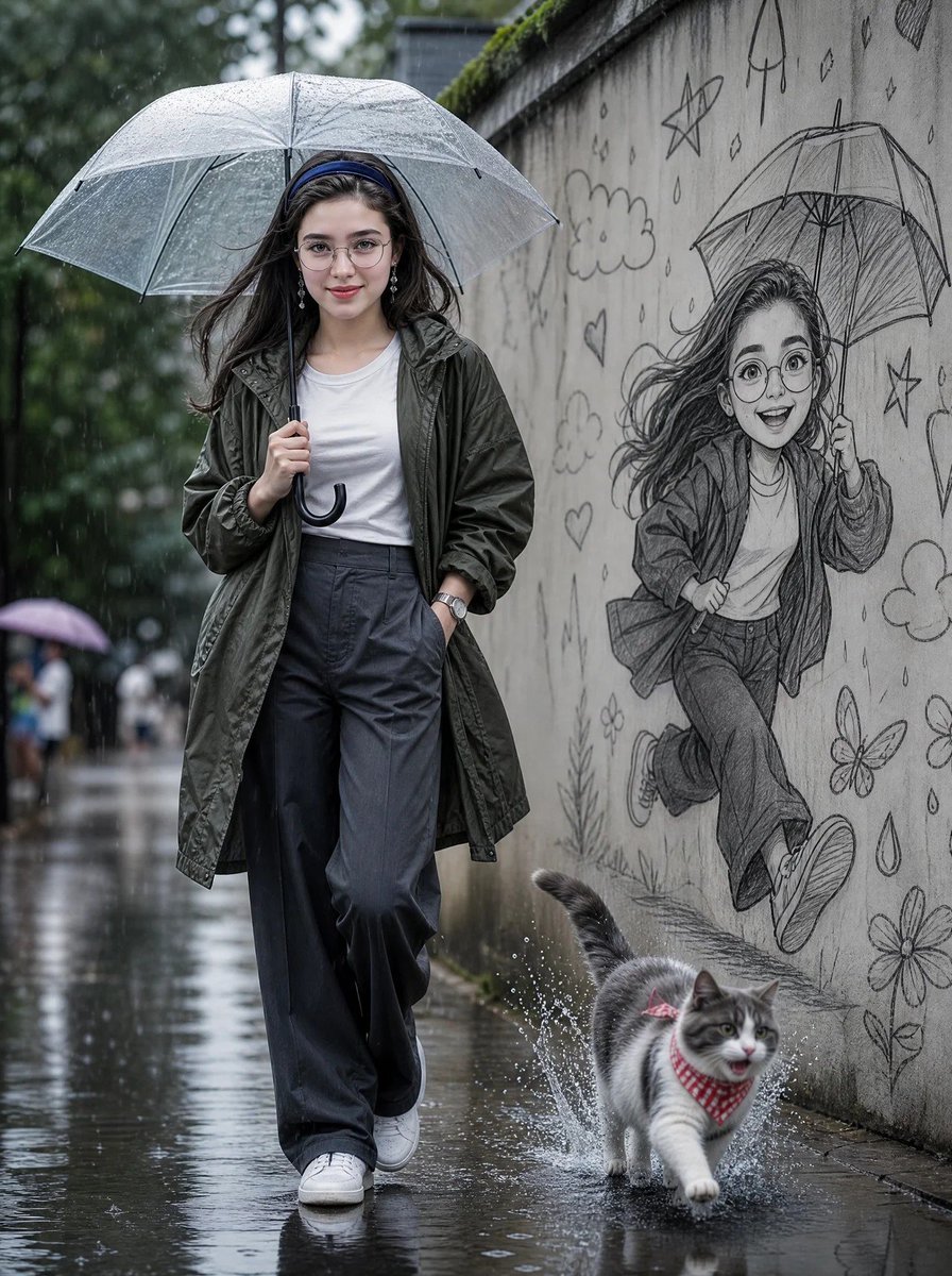 Social Media Post - Rainy Street Portrait with Pencil Mural — output 1