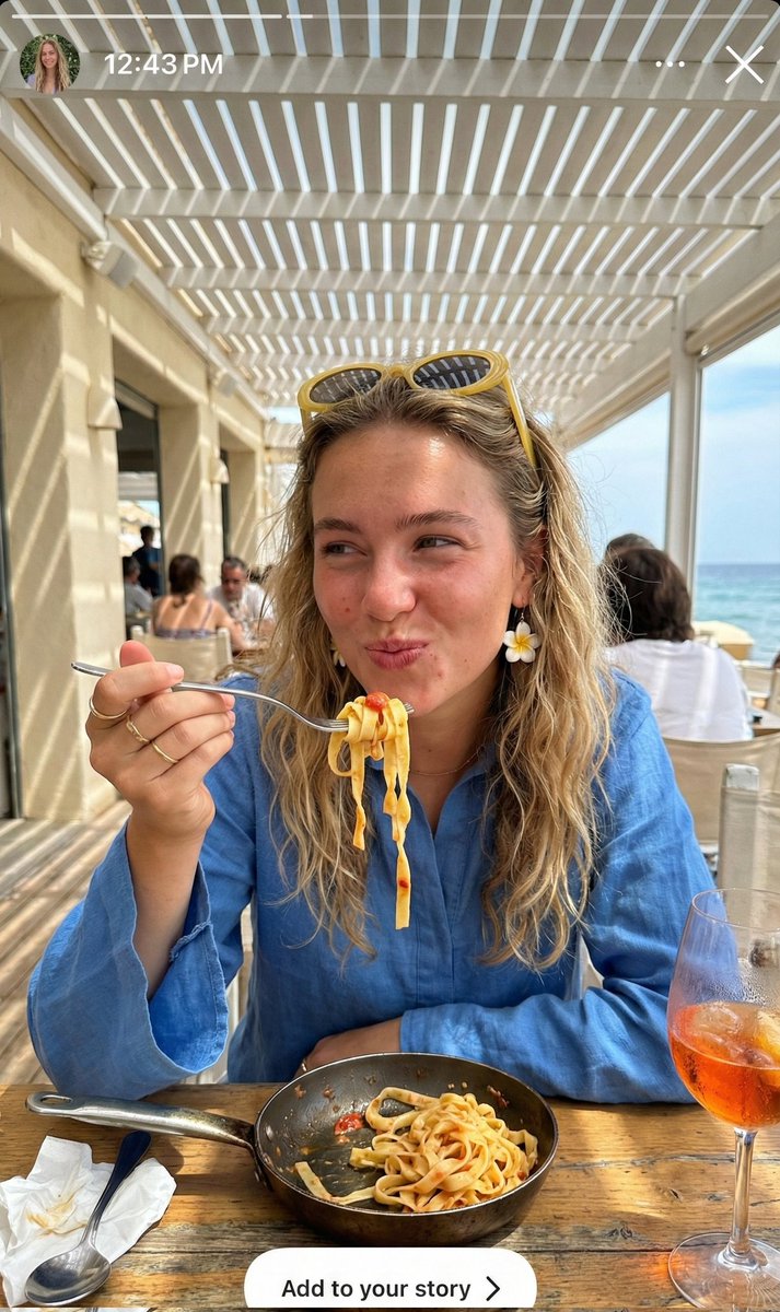 Ultra-Realistic Candid Instagram Story Photo of Woman Eating Pasta — output 1