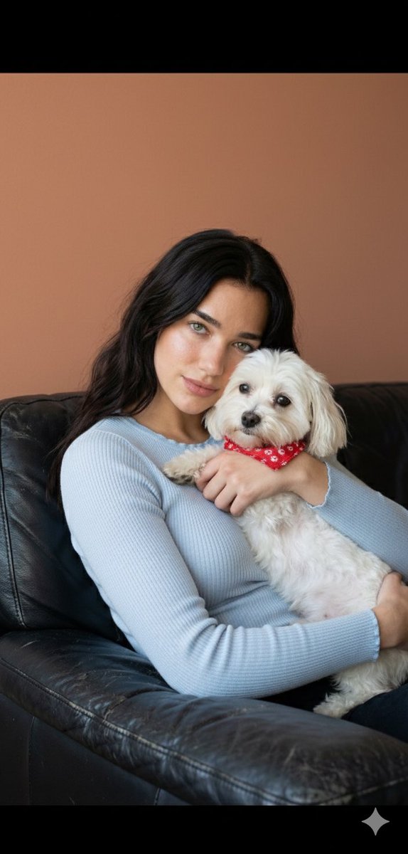 Dua Lipa Cozy Portrait with Maltese Dog Prompt — output 1