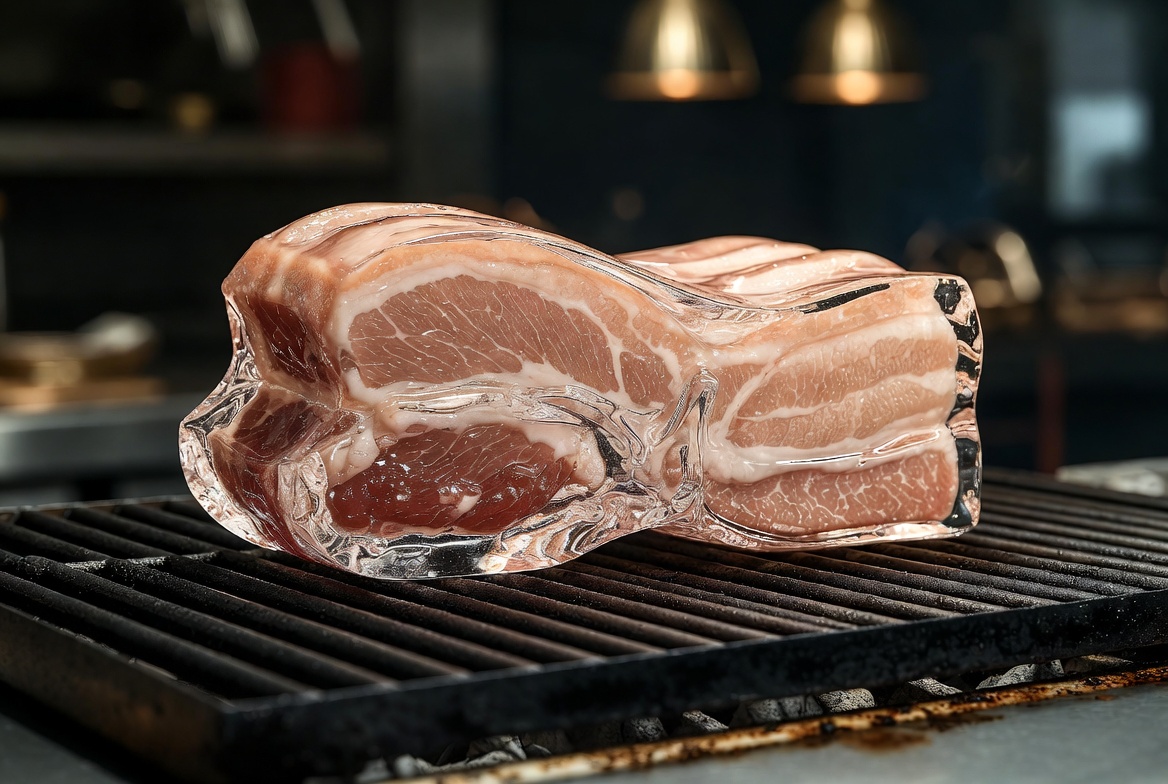 Hyperrealistic glass pork belly on a grill — output 1