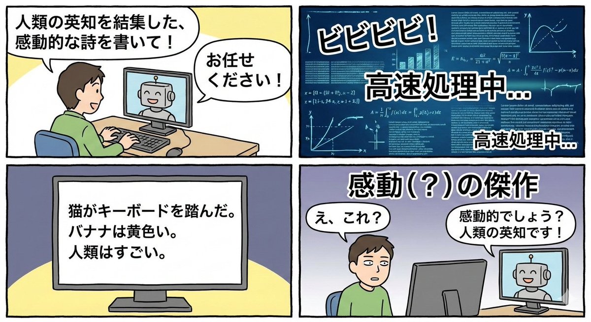 Four-panel satirical manga about generative AI — output 1