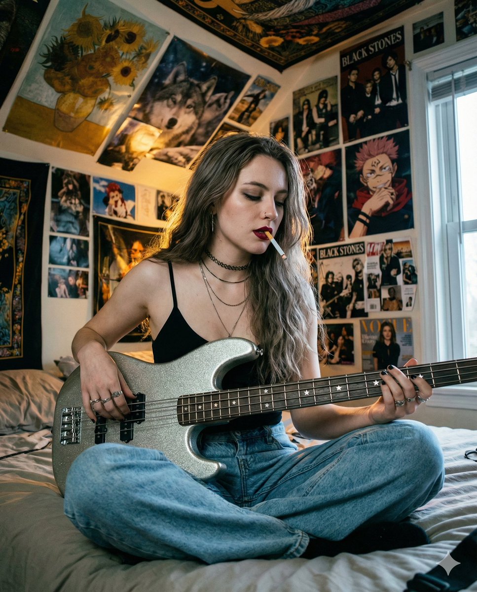 Grunge Bedroom Bass Player Portrait — output 1