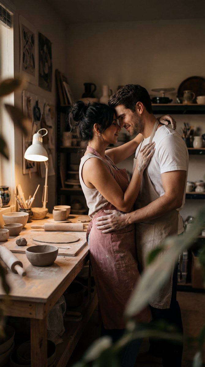Cinematic Pottery Studio Couple Embrace Prompt — output 1