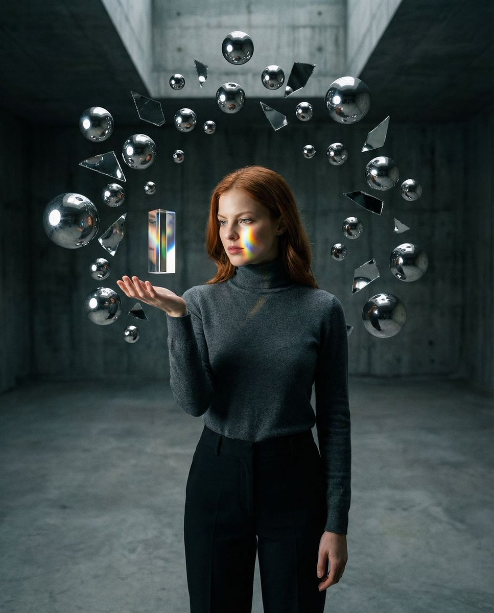 Surreal Brutalist Portrait with Kinetic Chrome Orbits Prompt in JSON — output 1