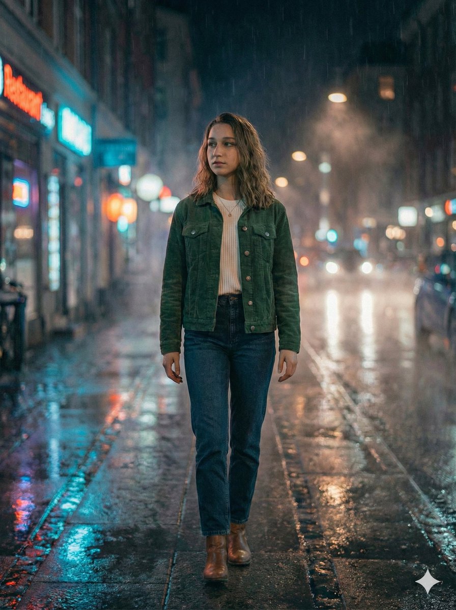 Moody Cinematic Night Rain Portrait (JSON) — output 1