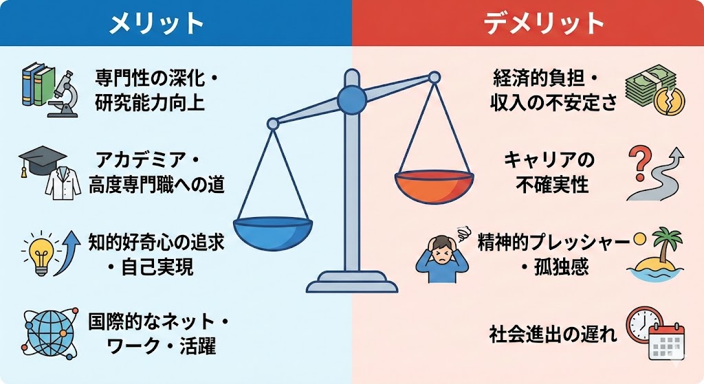 Diagram explaining pros and cons of D-course graduate study — output 1