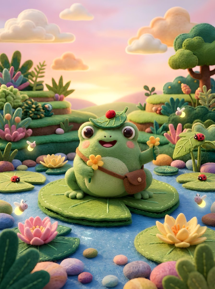 Game Asset - Cute Felt Frog Scene — output 1