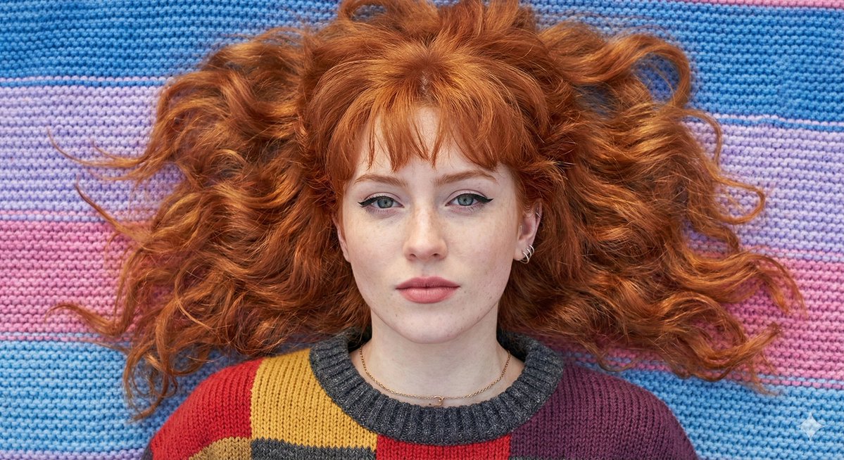 Flat Lay Portrait of a Ginger Woman on a Rainbow Blanket — output 1