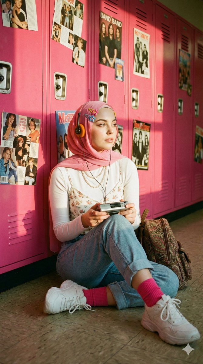 Cinematic Y2K Portrait of a Hijab Woman with a Cassette Player — output 1