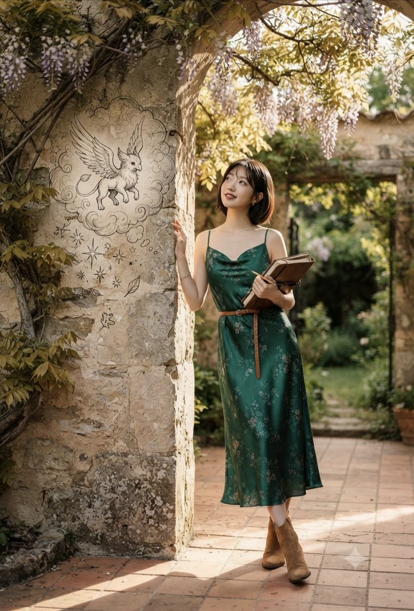 Social Media Post - Emerald Dress Wisteria Courtyard Portrait — output 1