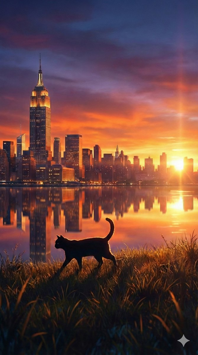 Fantasy Sunset Landscape with Black Cat Silhouette and City Reflection — output 1