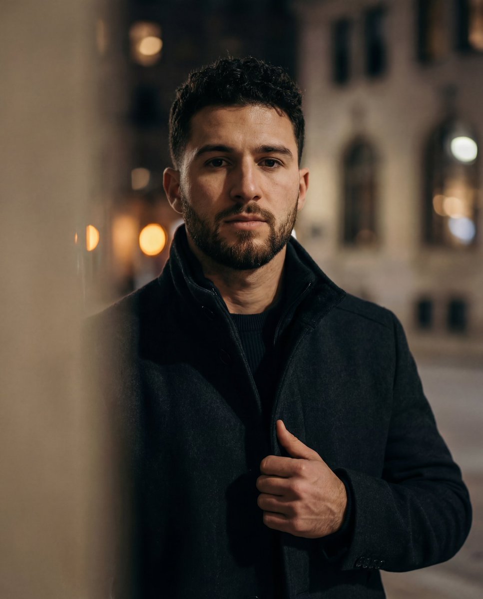 Cinematic low-key urban portrait prompt — output 1