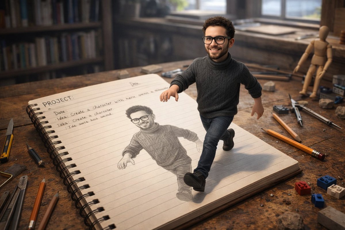 Comic / Storyboard - Character Stepping Out of a Sketchbook (Surreal Photo) — output 1