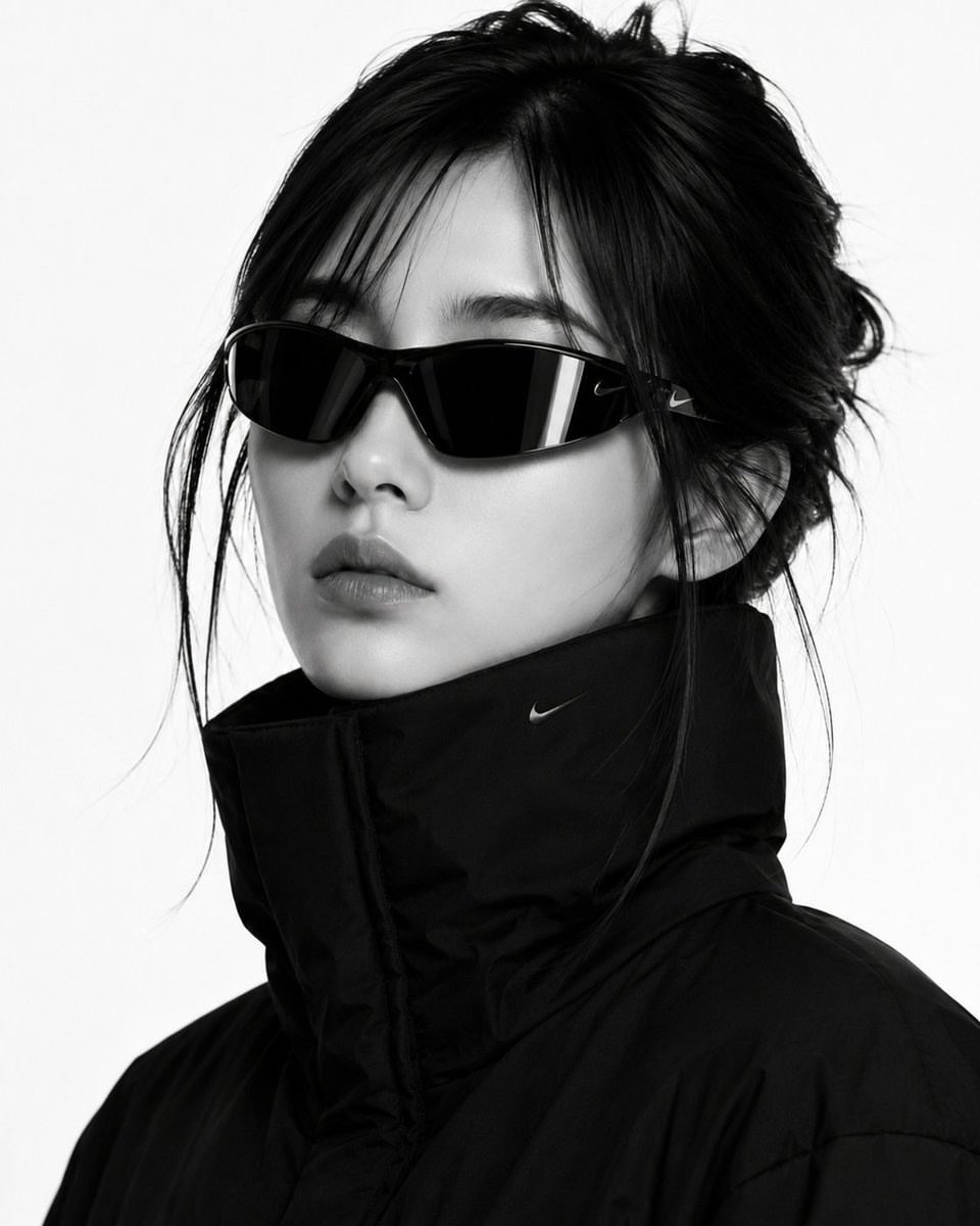 Product Marketing - High-Fashion B&W Puffer Jacket Portrait — output 1