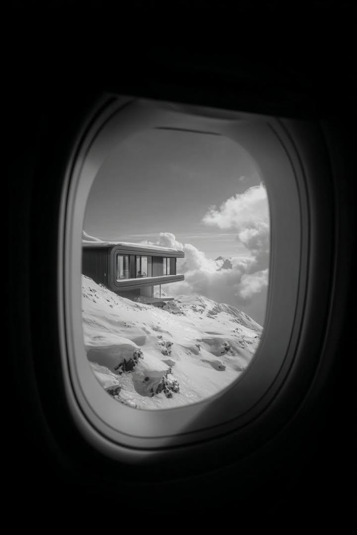 Black and White Futuristic House from Airplane Window — output 1