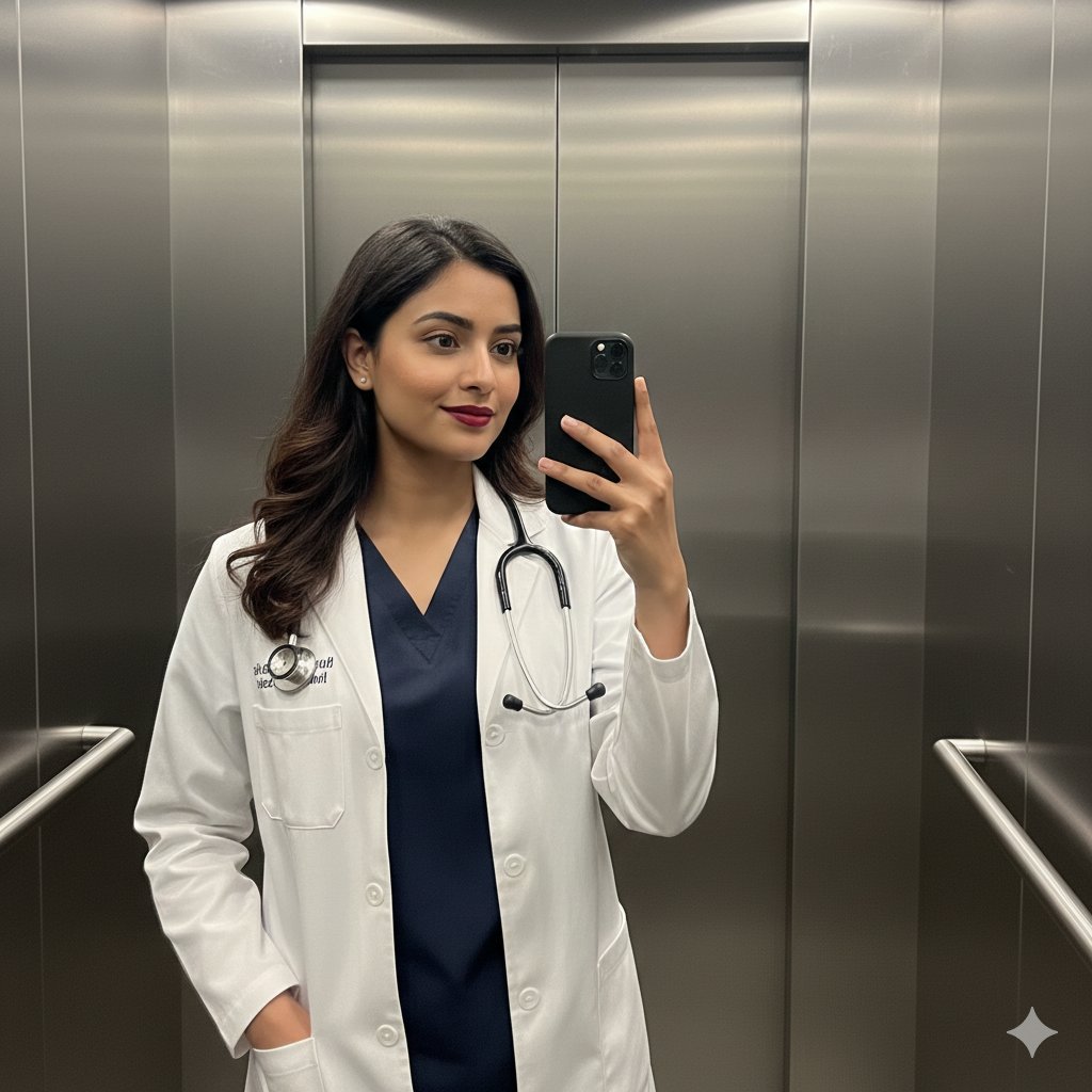 Profile / Avatar - South Asian Doctor Mirror Selfie Prompt — output 1