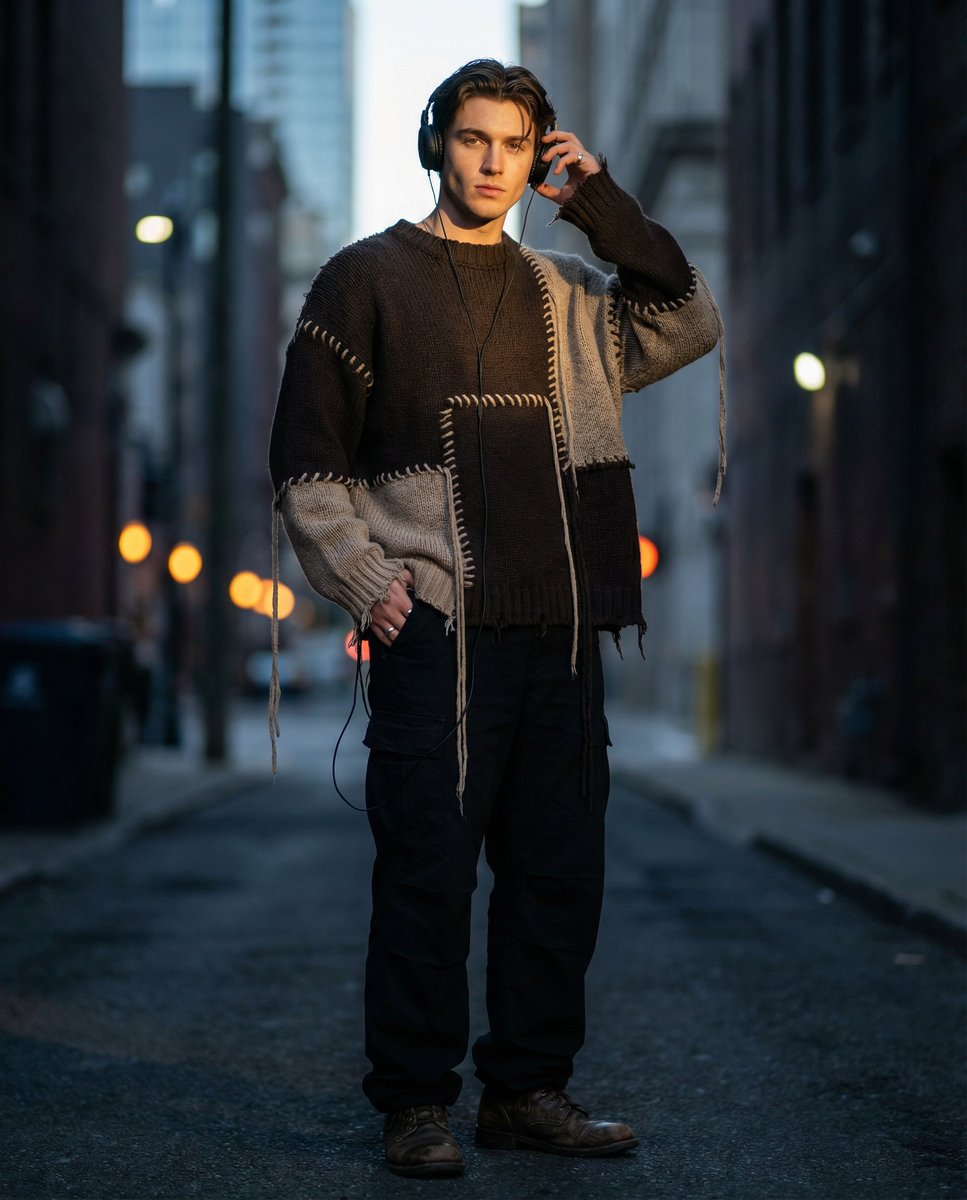 Editorial Street Fashion Portrait with Patchwork Knitwear — output 1
