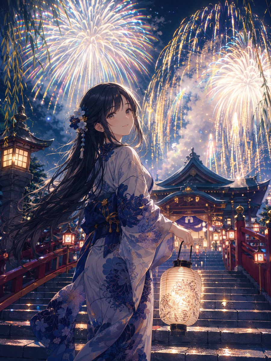 Social Media Post - Girl in Yukata with Platinum Fireworks — output 1