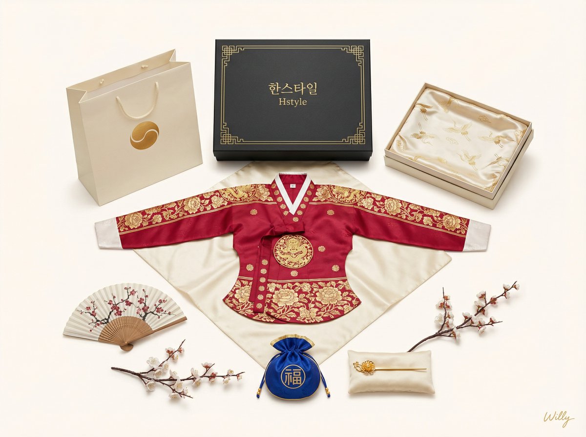 E-commerce Main Image - Luxury Korean Hanbok Product Mockup (Symmetrical Flat Lay) — output 1