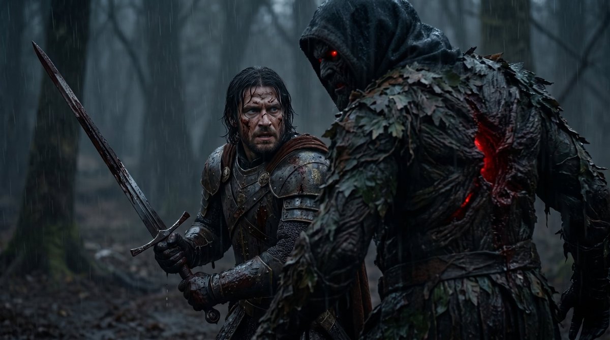 Game Asset - Battle-Worn Knight vs Forest Wraith — output 1