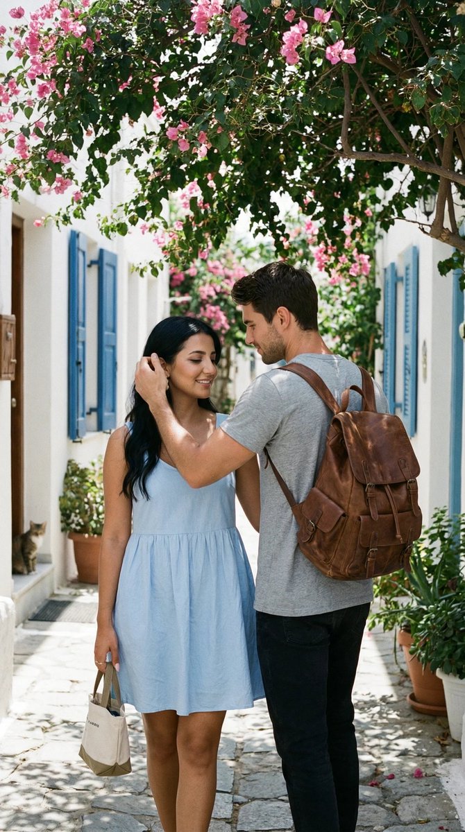 Ultra-Photorealistic Candid Travel Romance Scene: Aegean Stone Street — output 1