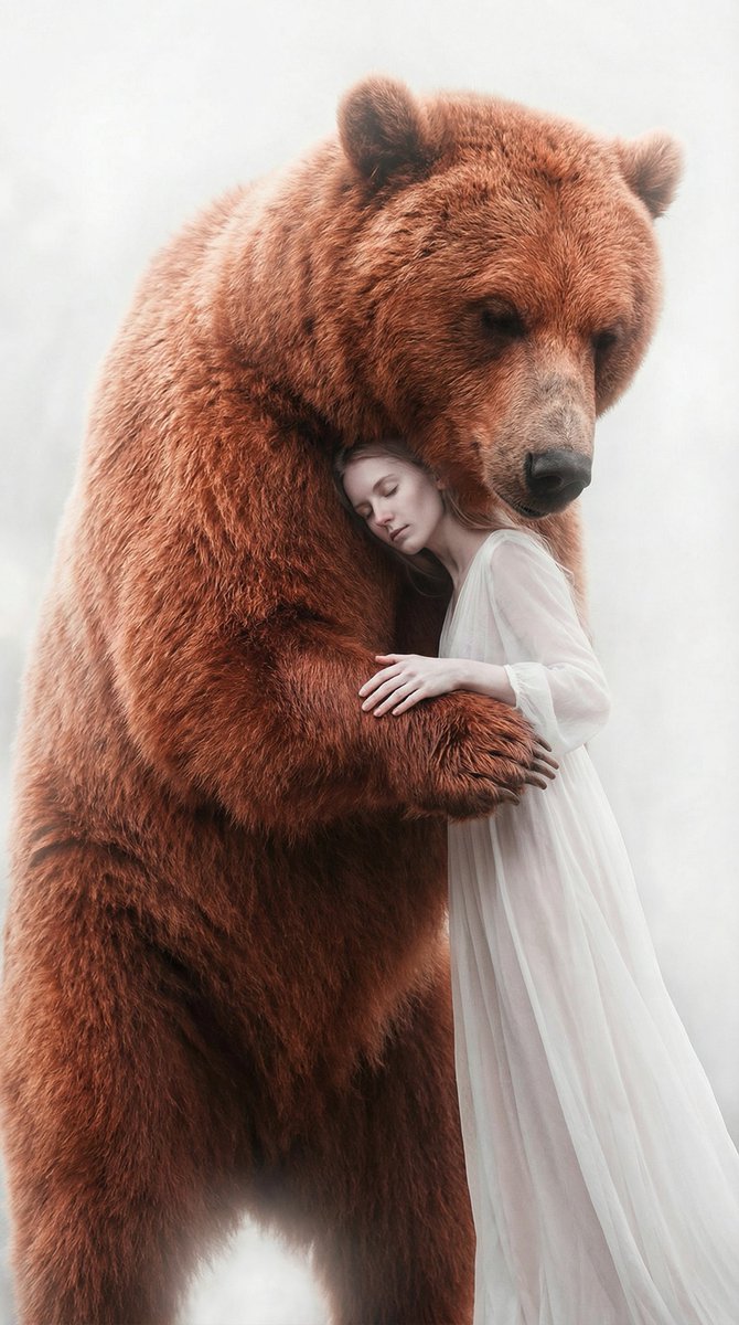 Surreal Scene of Human Embracing Massive Red Bear Prompt — output 1