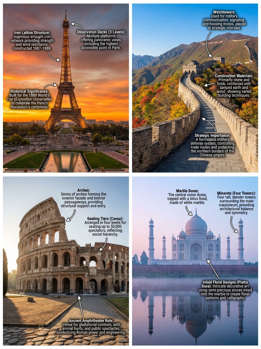 Annotated landmark images with overlaid descriptions — output 1
