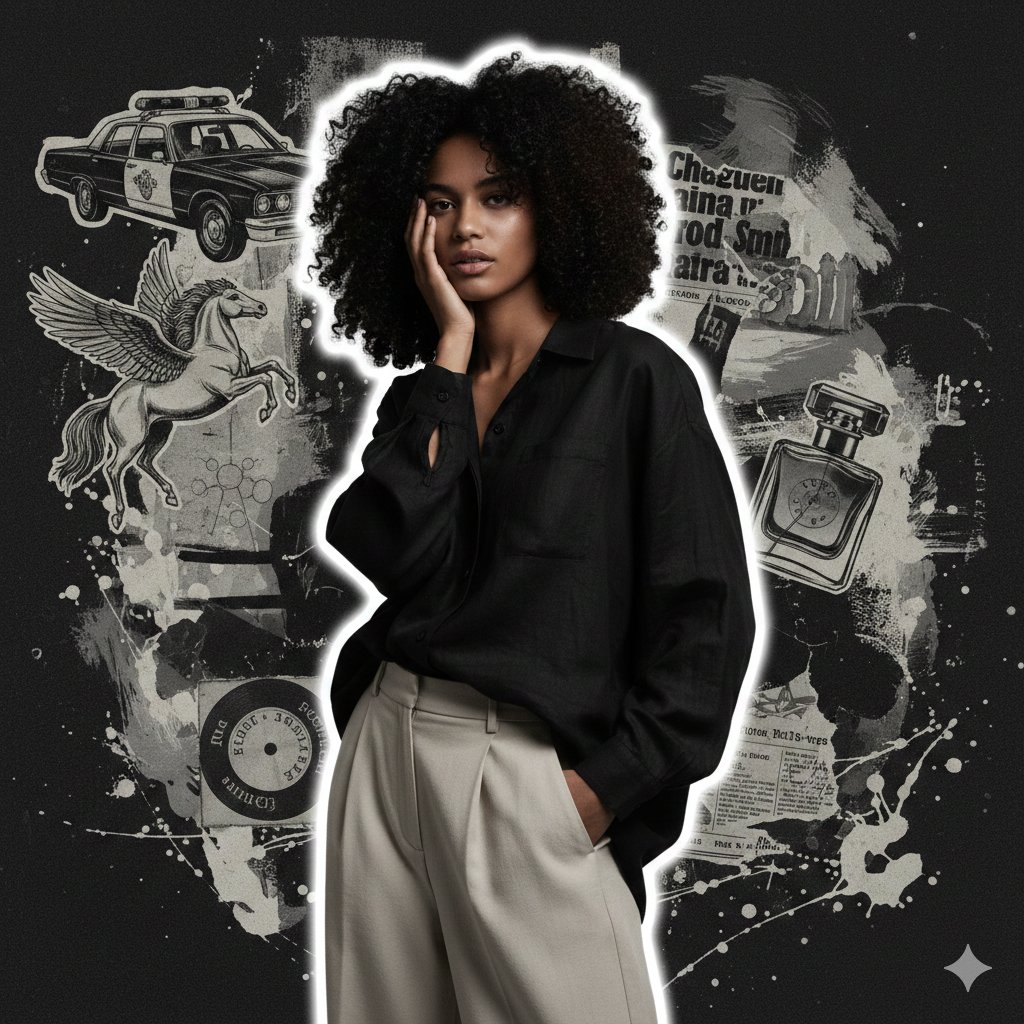 High-Fashion Grunge Portrait with Artistic Collage Background — output 1
