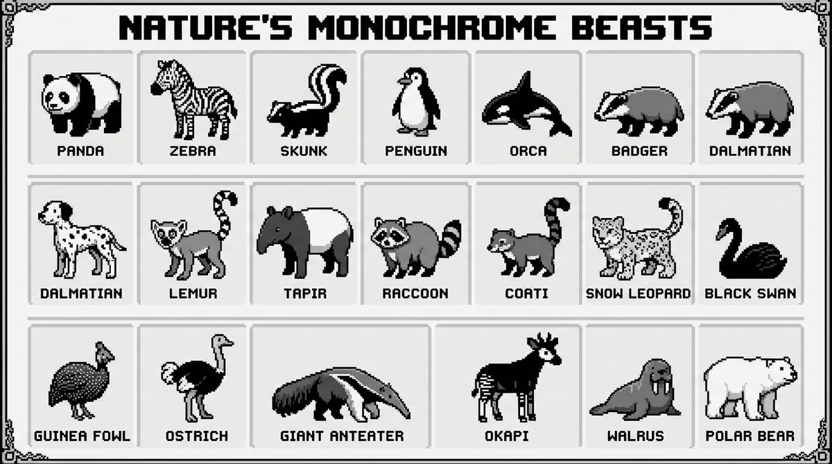 16-bit pixel art poster of black and white animals — output 1