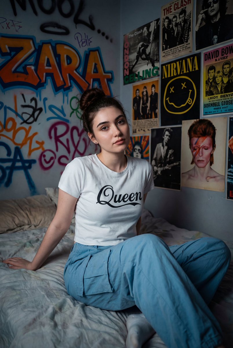 Cinematic Portrait of a Woman on a Messy Bed with Graffiti Background — output 1
