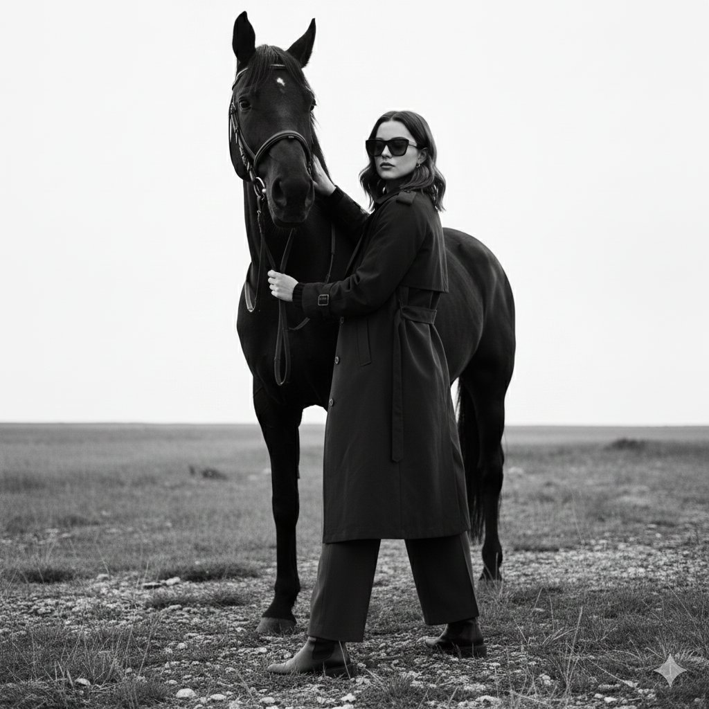 Monochrome Fine-Art Fashion Editorial with Horse — output 1