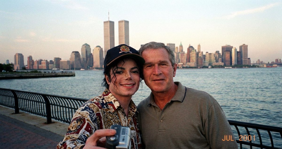 Historical celebrity selfie scene prompt (Michael Jackson and George W. Bush) — output 1