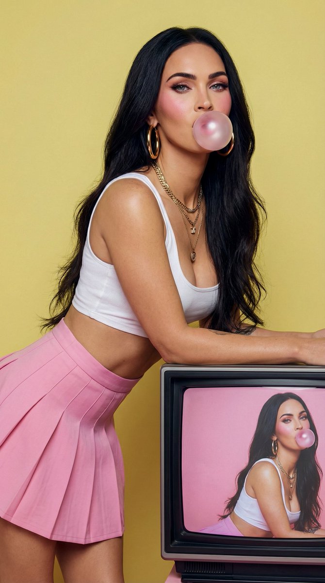 Product Marketing - Fashion Editorial: Woman Blowing Bubblegum on Retro TV — output 1