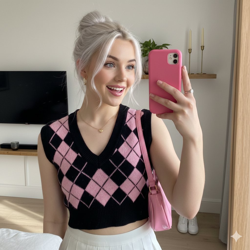 Cute Blonde Girl Mirror Selfie in Argyle Vest — output 1