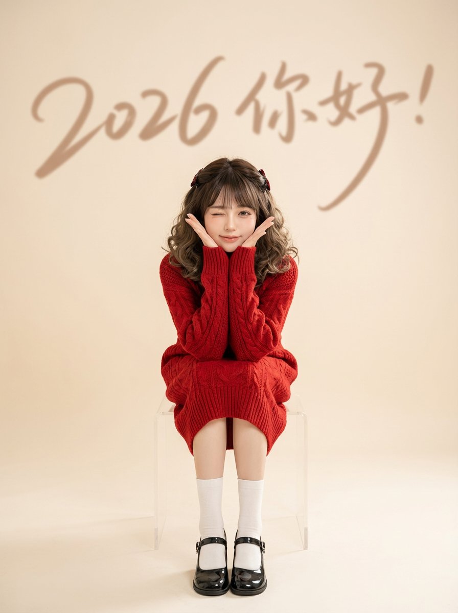 Chinese New Year Portrait with Red Knitwear and Minimalist Studio Look — output 1