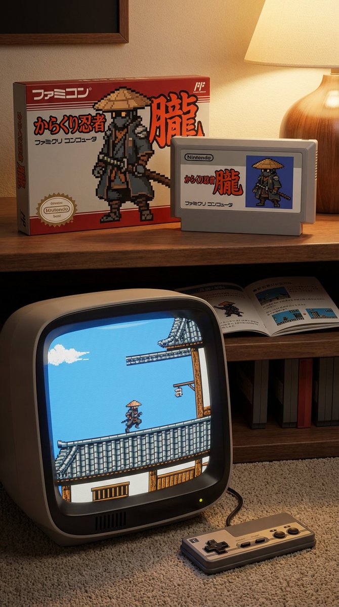 Famicom game box, cartridge, manual, and CRT screen (Japanese) — output 1