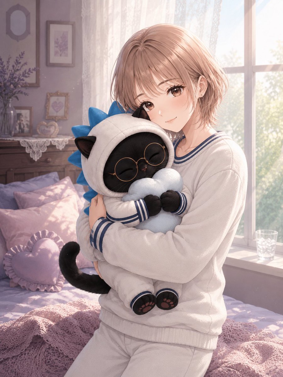 Profile / Avatar - Anime Girl Hugging Black Cat Plush — output 1