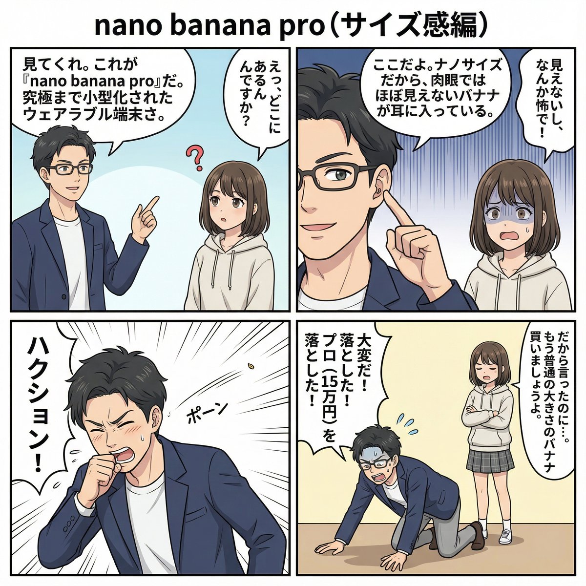 4-panel manga about newly announced nano banana pro — output 1