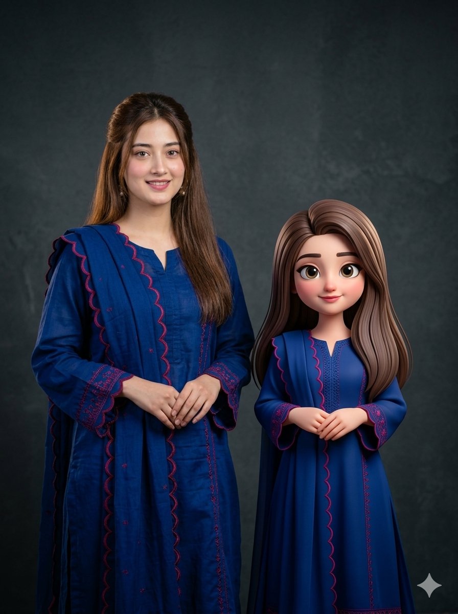 Woman with 3D Cartoon Miniature — output 1