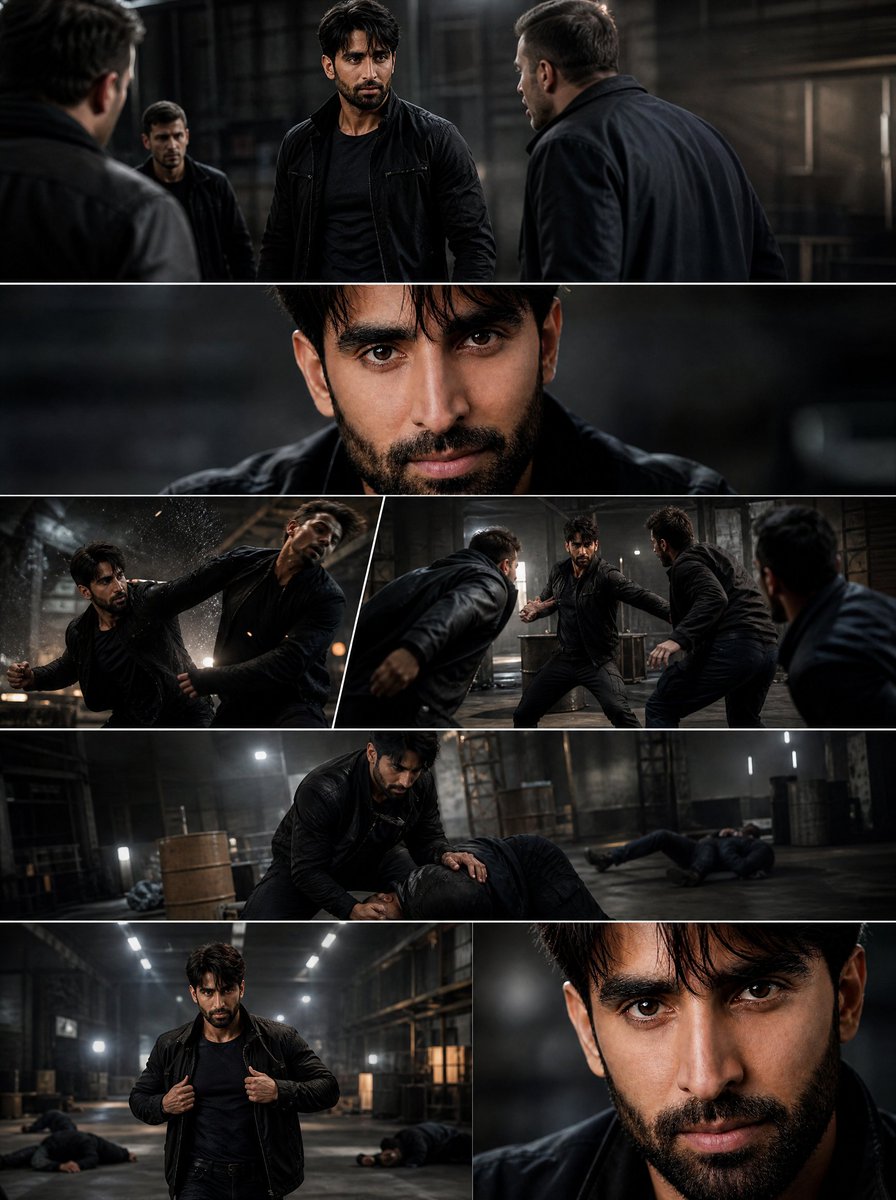 Comic / Storyboard - Cinematic Warehouse Fight Storyboard — output 1
